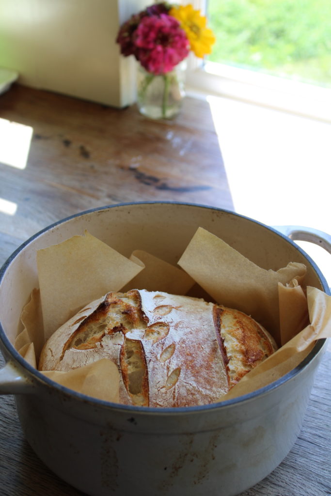 Sourdough bread sitting in a gray pot