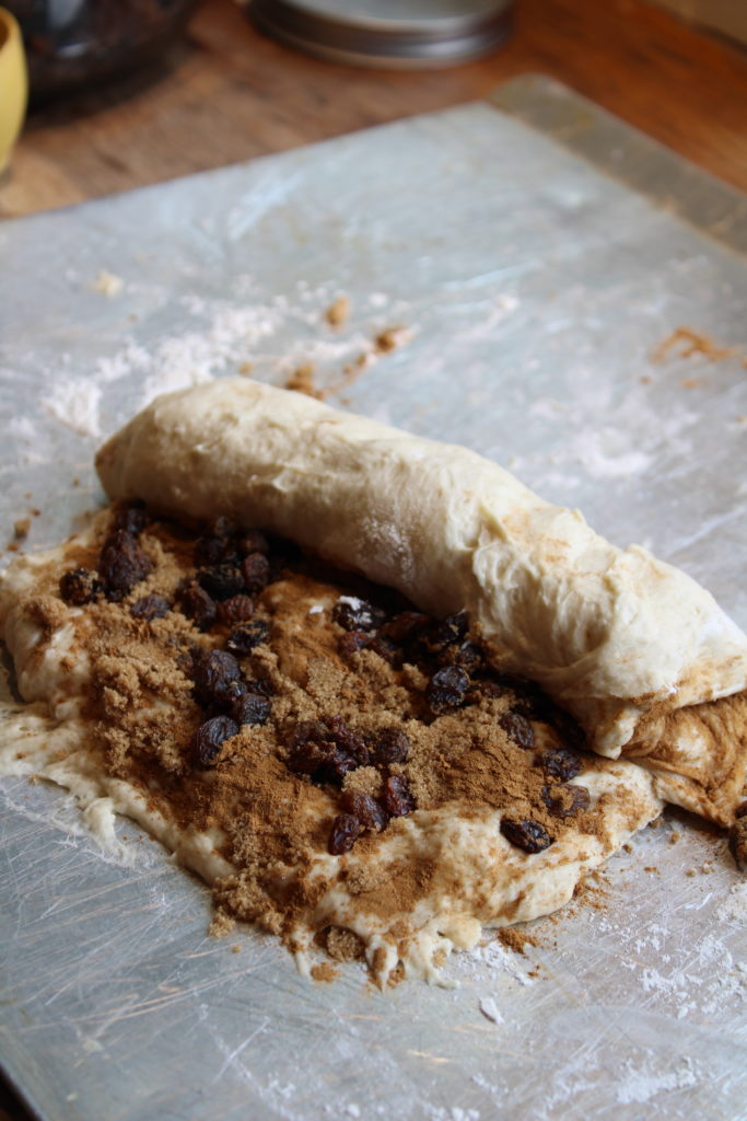 rolling up cinnamon and raisins in the dough