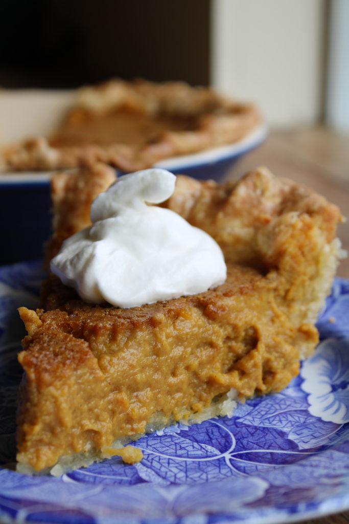 a piece of candy roaster pumpkin pie on a plate