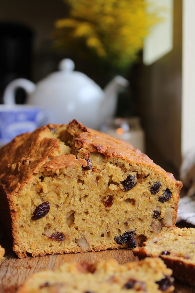 slice of sourdough pumpkin bread on the counter