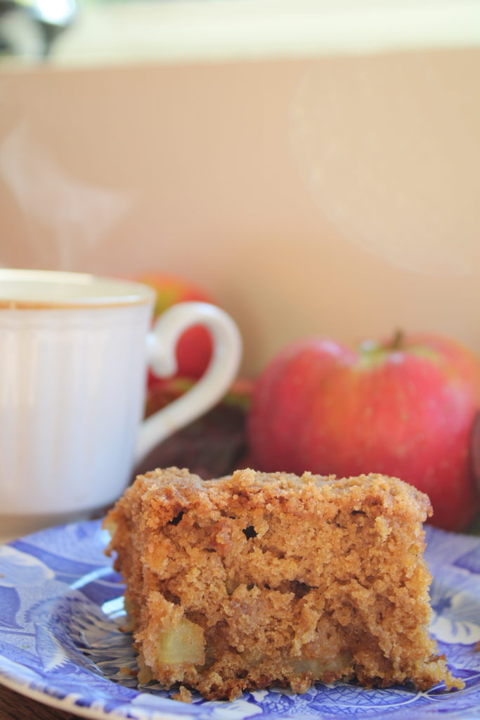 a piece of sourdough discard coffee cake on a plate